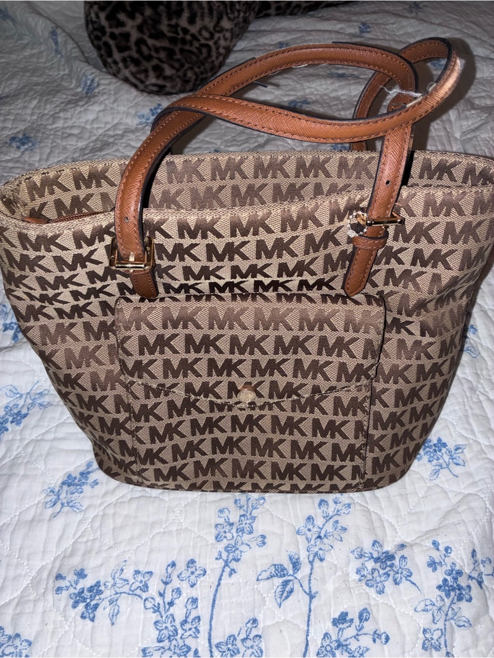 Michael Kors Brown MK Logo Tote with Tan Leather Handles